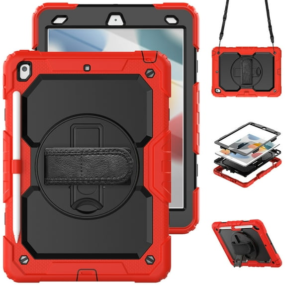 Case for iPad 9th 8th 7th Gen 10.2 inch 2021 2020 2019 with Screen Protector, 360 Degree Rotating Kickstand Hand Strap Heavy Duty Shockproof Cover with Shoulder Strap, Red