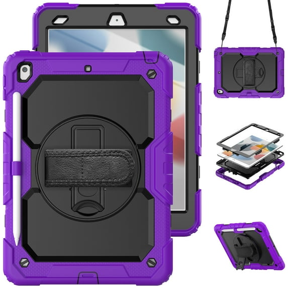 Case for iPad 9th 8th 7th Gen 10.2 inch 2021 2020 2019 with Screen Protector, 360 Degree Rotating Kickstand Hand Strap Heavy Duty Shockproof Cover with Shoulder Strap, Purple