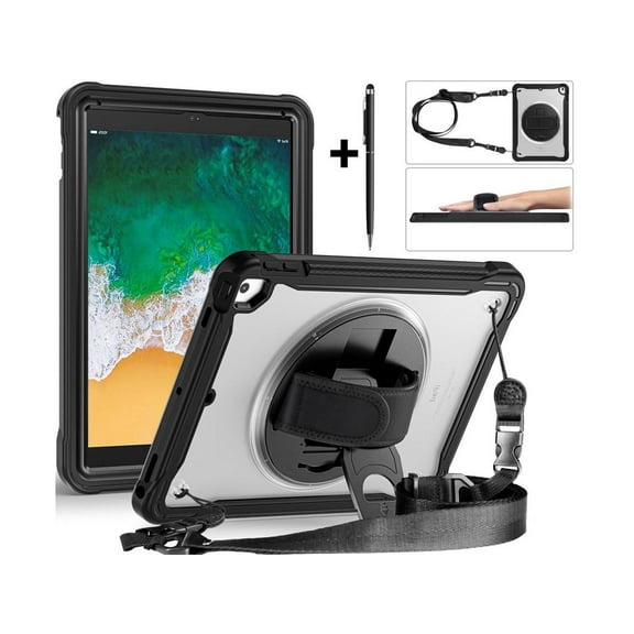 Case For iPad 9th 8th 7th Generation 10.2 inch 2021 2020 2019 Shcokproof Cover with Transparent Back, Pencil Holder, Rotating Stand, Hand/Shoulder Strap, Stylus Pen
