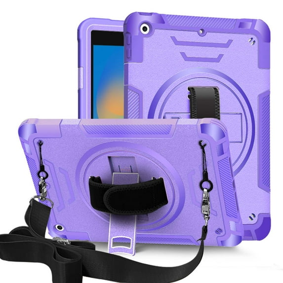Case for iPad 9th/8th/7th Generation, Upgraded Military Grade Shockproof Protector iPad 9th/8th/7th Generation Cover With Pencil Holder+ Handle+ Shoulder Strap+ Contractible Kickstand,Purple