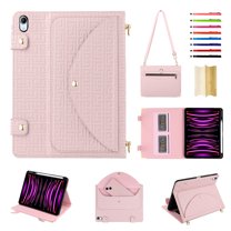 Case for iPad 9th/8th/7th/Pro 10.5/Air 3, Folio Stand PU Leather Crossbody Strap Cover with Shoulder Strap, Multi-Card Slots Zipper Pocket Pen Slot Envelope Pocket Wallet Case, Pink