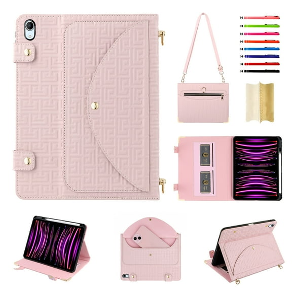 Case for iPad 9th/8th/7th/Pro 10.5/Air 3, Folio Stand PU Leather Crossbody Strap Cover with Shoulder Strap, Multi-Card Slots Zipper Pocket Pen Slot Envelope Pocket Wallet Case, Pink