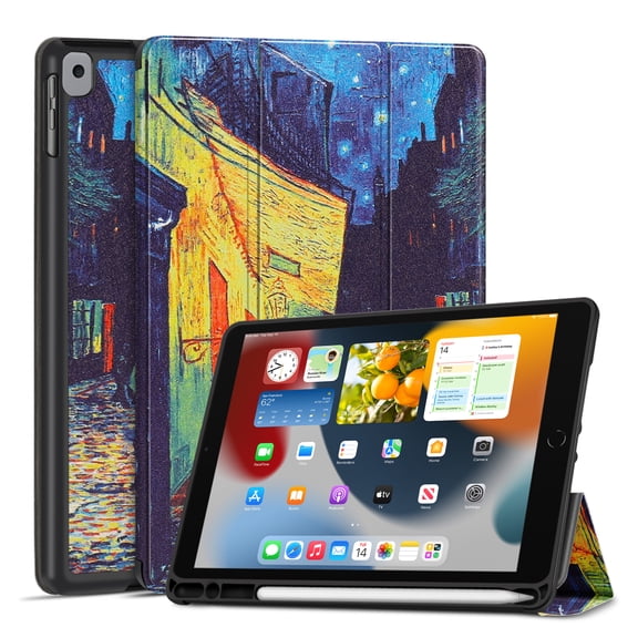 Case for iPad 9th Gen 2021/iPad 8th 2020/iPad 7th 2019 Generation Protective Cover with Pencil Holder - 10.2 inch Slim Soft TPU Trifold Stand PU Leather Folio Auto Sleep Wake - Cafe At Night
