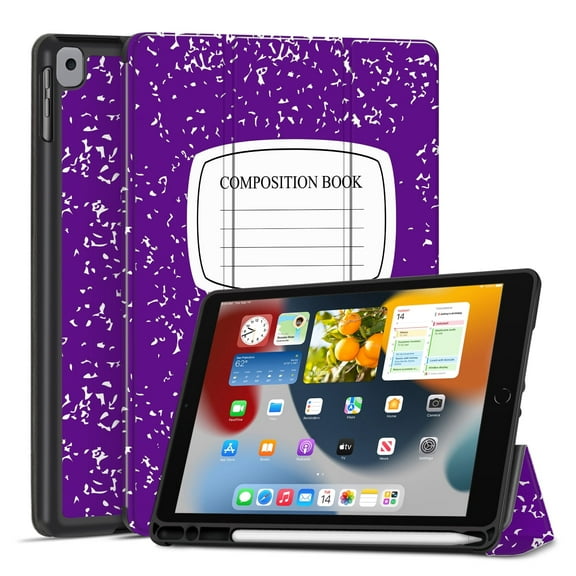Case for iPad 9th Gen 2021/iPad 8th 2020/iPad 7th 2019 Generation Protective Cover with Pencil Holder - 10.2 inch Slim Soft Trifold Stand Leather Folio Auto Sleep Wake - Composition Book Purple