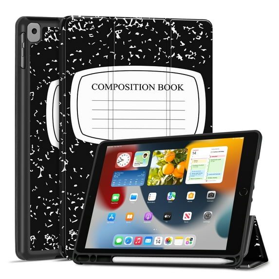 Case for iPad 9th Gen 2021/iPad 8th 2020/iPad 7th 2019 Generation Protective Cover with Pencil Holder - 10.2 inch Slim Soft TPU Trifold Stand PU Leather Folio Auto Sleep Wake - Composition Book