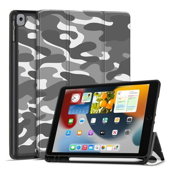 Case for iPad 9th Gen 2021/iPad 8th 2020/iPad 7th 2019 Generation Protective Cover with Pencil Holder - 10.2 inch Slim Soft TPU Trifold Stand PU Leather Folio Auto Sleep Wake - Camouflage Gray