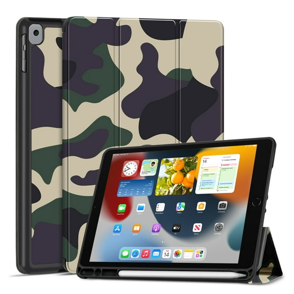 Case for iPad 9th Gen 2021/iPad 8th 2020/iPad 7th 2019 Generation Protective Cover with Pencil Holder - 10.2 inch Slim Soft TPU Trifold Stand PU Leather Folio Auto Sleep Wake - Camouflage Brown