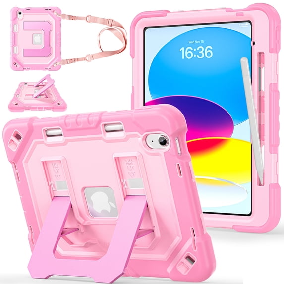 Case for iPad 11th/10th Gen 11/10.9 inch 2025/2022, Military Grade Shockproof Cases with Pencil Holder Shoulder Strap Screen Protector, Rose Gold