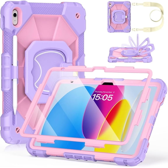 Case for iPad A16 11th/10th Generation 11/10.9 Inch 2025/2022,  Full- Drop Protection Rugged iPad a16 Case with Screen Protector, Rotating Stand  Strap Pencil Holder,
