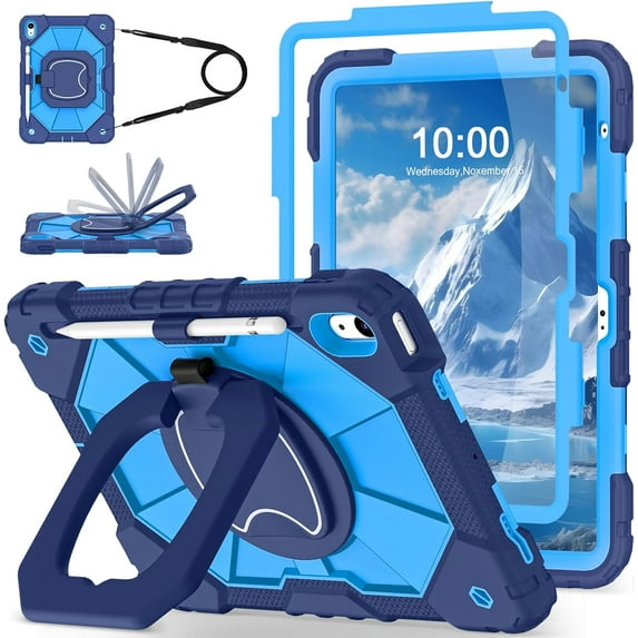 Case for iPad (A16) 11th/10th Generation 2025/2022 with Screen Protector Rotating Stand Pencil Holder Shoulder Strap Heavy Duty Shockproof Cover for iPad 10th Gen Case,Navy Blue