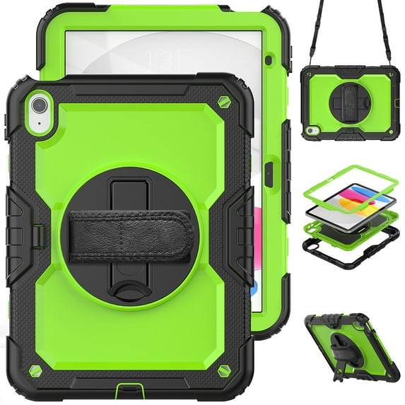 Case for iPad (A16) 11th Gen 2025/ iPad 10th Gen 10.9 Inch 2022 with Screen Protector, 360 Degree Rotating Kickstand Hand Strap Shockproof Cover with Shoulder Strap, Lime PC