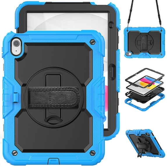Case for iPad (A16) 11th Gen 2025/ iPad 10th Gen 10.9 Inch 2022 with Screen Protector, 360 Degree Rotating Kickstand Hand Strap Shockproof Cover with Shoulder Strap, Sky Blue