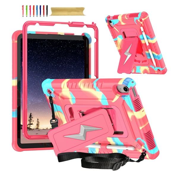 Case for iPad (A16) 11th Gen 2025 / iPad 10th Gen 2022 with Nylon Shoulder Strap, 3 in 1 Hybrid Heavy Duty Shockproof Silicone PC Tablet Cover with Kickstand Case, Rainbowrose