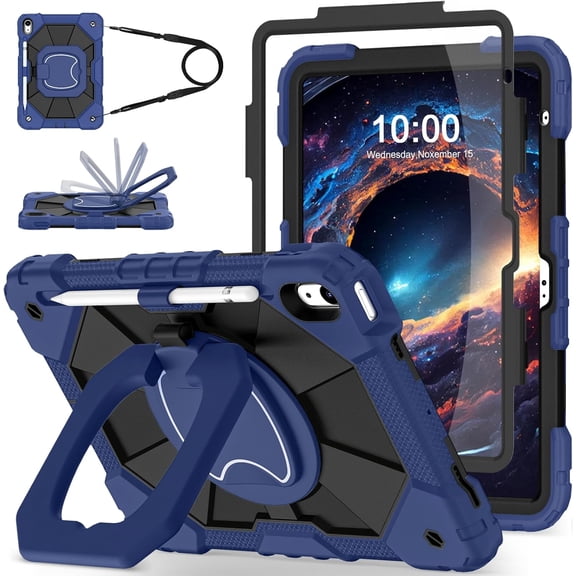 Case for iPad (A16) 11th Generation 11 Inch (2025),iPad 10th Generation 10.9 Inch (2022),Full-Body Drop Protection i Pad Case 10th Gen Kids Friendly with Rotating Stand Screen Protector,Navy