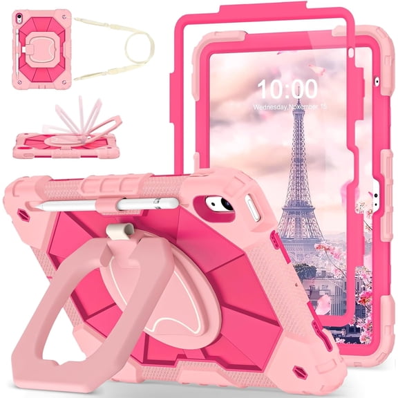 Case for iPad (A16) 11th Generation 11 Inch (2025) iPad 10th Generation 10.9 Inch (2022),Full-Body Drop Protection i Pad Case 10th Gen with Rotating Stand Screen Protector Pencil Holder,Rose