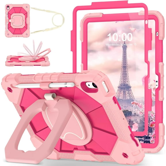 Case for iPad (A16) 11th Generation 11 Inch (2025) iPad 10th Generation 10.9 Inch (2022),Full-Body Drop Protection i Pad Case 10th Gen with Rotating Stand Screen Protector Pencil Holder,Rose
