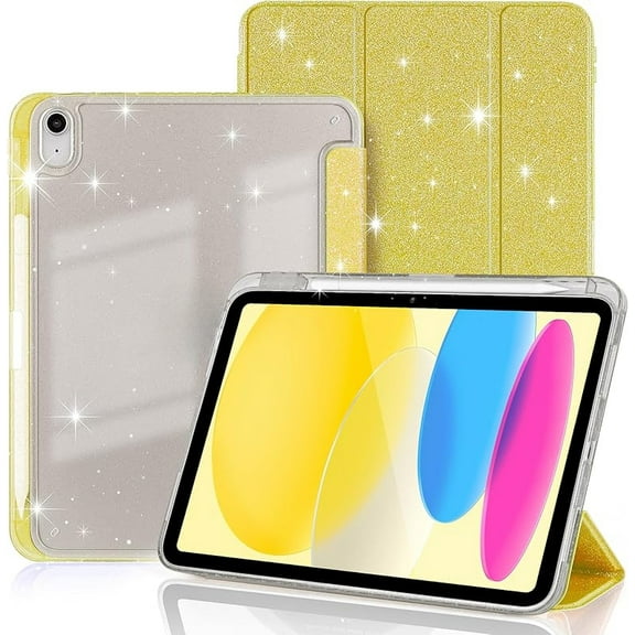 Case for iPad A16 11th Generation 11-Inch 2025, for iPad 10th Generation 10.9-inch 2022 with Pencil Holder, Cute Glittering Sparkly Protective Cover, Shiny Clear Hard Back Shell, Yellow