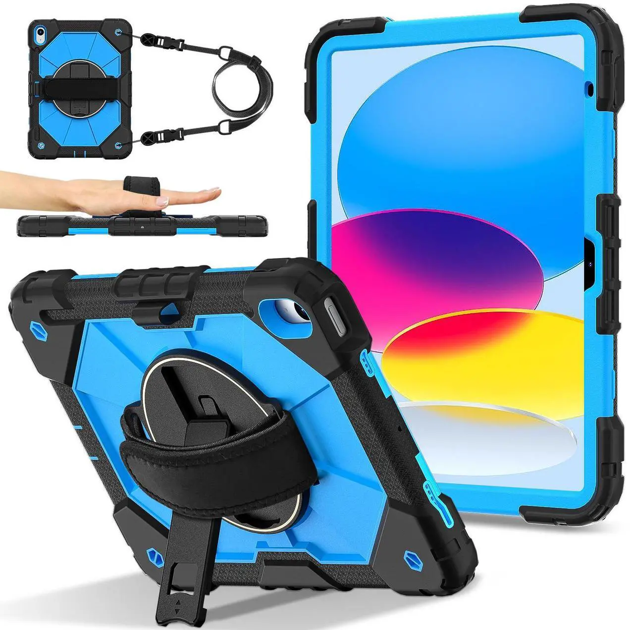 Case for iPad (A16) 11th Generation 11 Inch 2025, iPad 10th Generation 10.9 inch 2022 with Rotating Stand Pencil Holder Hand/Shoulder Strap, Shockproof Protective Cover