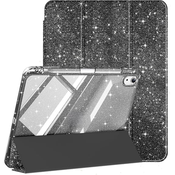 Case for iPad (A16) 11th Generation 11 Inch 2025, for iPad 10th Generation Case 10.9 Inch 2022 with Pencil Holder, Glitter Sparkly Cover with Shiny Clear Transparent Back Shell, Black