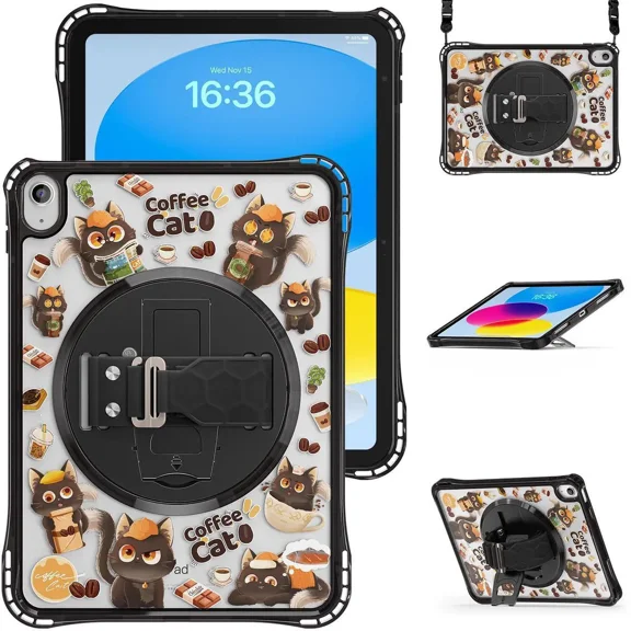 Case for iPad A16 11th Generation 11 inch 2025 / iPad 10th Generation 10.9 inch 2022 with Rotating Kickstand Hand/Shoulder Strap, Kids Cartoon Shockproof Tranparent Back Cover