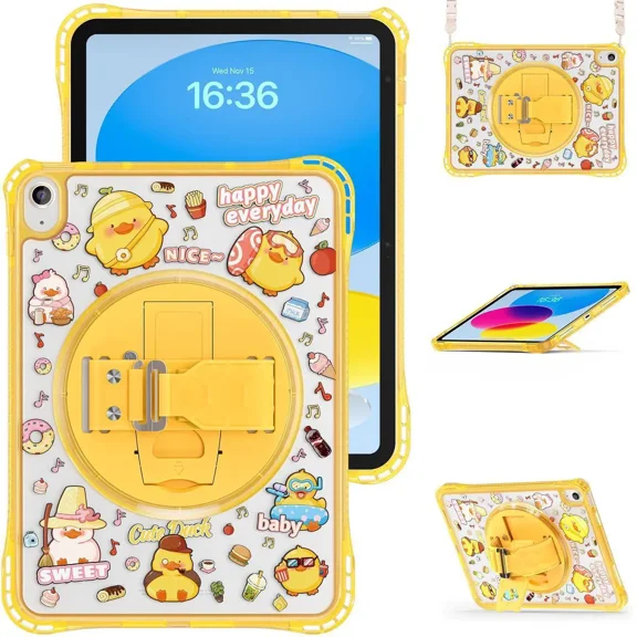 Case for iPad A16 11th Generation 11 inch 2025 / iPad 10th Generation 10.9 inch 2022 with Rotating Kickstand Hand/Shoulder Strap, Kids Cartoon Shockproof Tranparent Back Cover