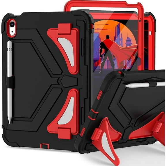 Case for iPad (A16) 11th Generation 2025, iPad 10th Generation Case 2022, Kids Friendly i Pad 10th Gen Cover with Multi Angles Kickstand Shoulder Strap Screen Protector 11/10.9 Inch, Black Red
