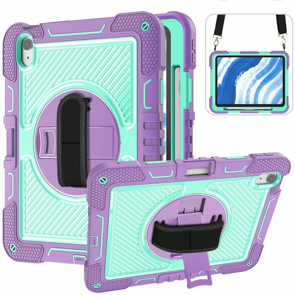 Case for iPad Air 11 2024/Air 4/Air 5, 360° Rotating Kickstand with Pencil Holder/Hand Strap/Shoulder Strap Hard PC Rugged Silicone Shockproof Bumper Stand Cover, Purple + Mint Green