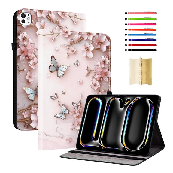Case for iPad Air 11 2025 2024/Pro 11 2022 2021 2020 2018/Air 4/Air 5, Slim Kickstand PU Leather Pattern Card Slots Elastic Band Stylus Slot Protective Heavy Duty Protection Folio Cover - A