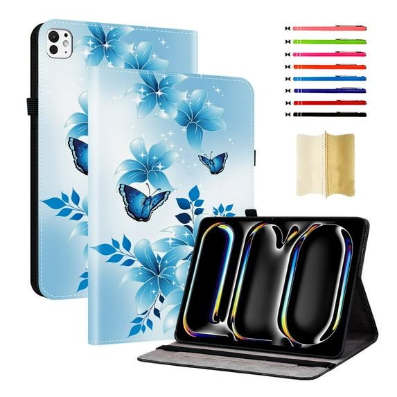 Case for iPad Air 11 2025 2024/Pro 11 2022 2021 2020 2018/Air 4/Air 5, Slim Stand PU Leather Flower Butterfly Pattern Heavy Duty Protection Folio Cover, with 2 Card Slots&Elastic Band&Stylus Slot - K