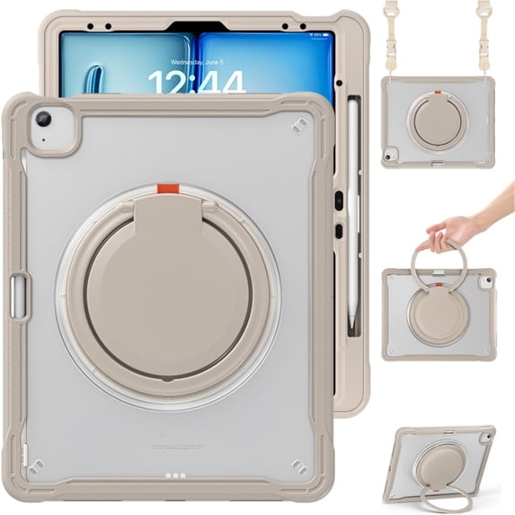 Case for iPad Air 11 2026 / 2025 / 2024 Handle Protective Cover 360 Rotating Ring Stand, Shockproof Dropproof Case for Kids Kickstand & Pencil Holder & Shoulder Strap,Khaki,For iPad Air 11