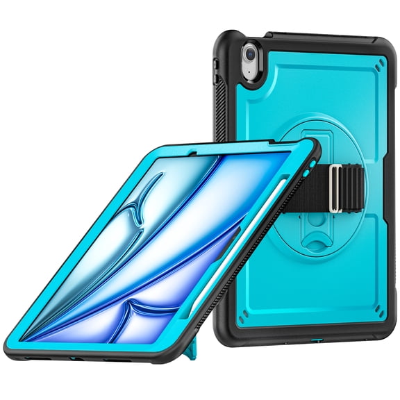 Case for iPad Air 11 Inch 2024 M2 (Air 6th Generation), Silicone PC Protective Cover with Pencil Holder Shoulder Strap & 360 Degree Rotating Hand Strap Kickstand 2 In 1 Case Cover, Lightblue