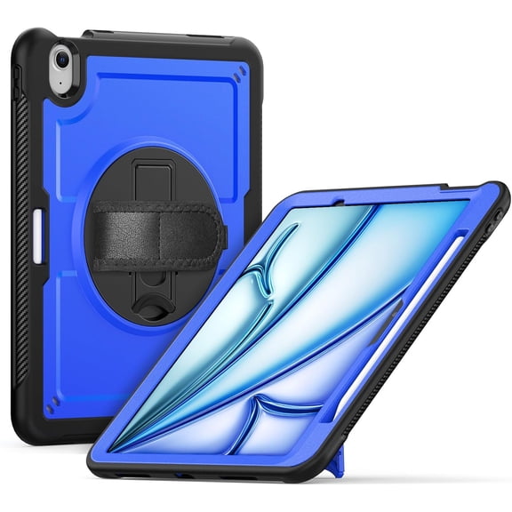 Case for iPad Air 11 Inch 7th Gen 2025 M3 & 6th Gen 2024 M2 - Lightweight Rugged Dual-Material Design with 360° Rotating Hand Strap, Foldable Kickstand, Full Protection for Work, Travel, and Creative
