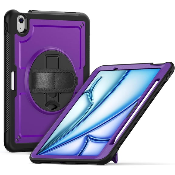 Case for iPad Air 11 Inch 7th Gen 2025 M3 & 6th Gen 2024 M2 - Lightweight Rugged Dual-Material Design with 360° Rotating Hand Strap, Foldable Kickstand, Full Protection for Work, Travel, and Creative