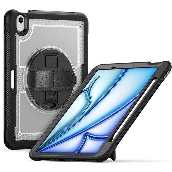 Case for iPad Air 11 Inch 7th Gen 2025 M3 & 6th Gen 2024 M2 - Lightweight Rugged Dual-Material Design with 360° Rotating Hand Strap, Foldable Kickstand, Full Protection for Work, Travel, and Creative