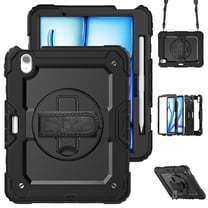 Case for iPad Air 11 Inch M3 2025/M2 2024 (7th/6th Gen) with Screen Protector, 360 Degree Rotating Kickstand Hand Strap Heavy Duty Shockproof Cover with Shoulder Strap, Black