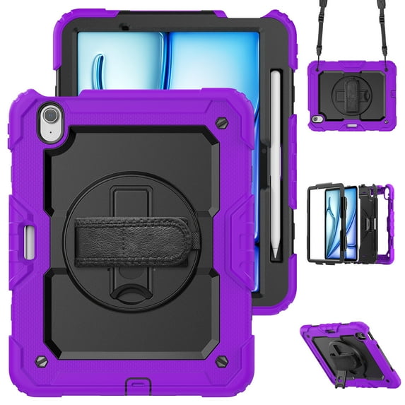 Case for iPad Air 11 Inch M3 2025/M2 2024 (7th/6th Gen) with Screen Protector, 360 Degree Rotating Kickstand Hand Strap Heavy Duty Shockproof Cover with Shoulder Strap, Purple