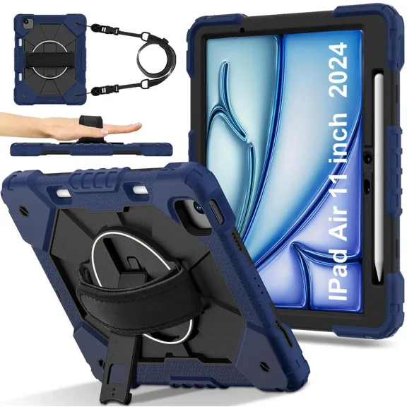 Case for iPad Air 11 Inch M3 2025 M2 2024 7th/6th Generation with Rotating Stand Pencil Holder Hand/Shoulder Strap, Heavy Duty Shockproof Protective Cover