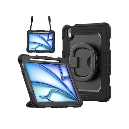 Case for iPad Air 11 inch M2 2024 6th Generation A2902/A2903/A2904, Shockproof Protective Cover with Screen Protector, Rotating Stand, Hand/Shoulder Strap, Pencil Holder