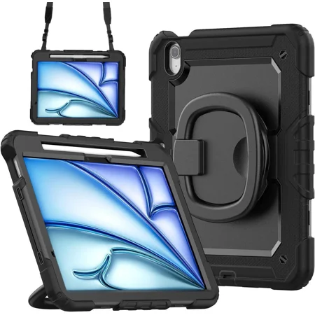 Case for iPad Air 11 inch M2 M3 2025 2024 6th 7th Generation, Shockproof Protective Cover with Screen Protector, Rotating Stand, Hand/Shoulder Strap, Pencil Holder
