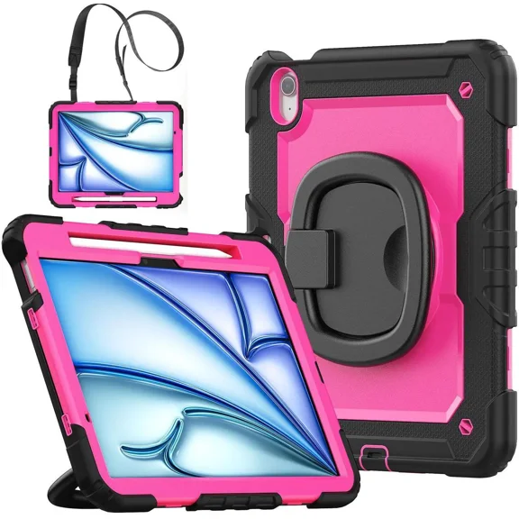 Case for iPad Air 11 inch M2 M3 2025 2024 6th 7th Generation, Shockproof Protective Cover with Screen Protector, Rotating Stand, Hand/Shoulder Strap, Pencil Holder