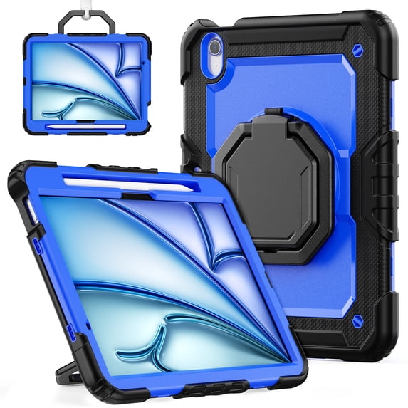 Case for iPad Air 11 inch M3 2025/M2 2024 (7th/6th Gen), 360 Rotating Stand Handle Pencil Holder Shoulder Strap Heavy Duty Shockproof Cover, Dark Blue PC