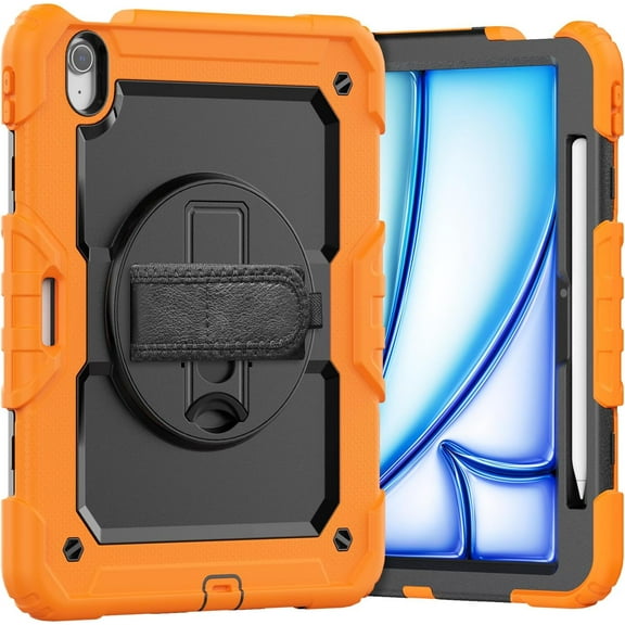 Case for iPad Air 11-inch M3 (2025) / M2 (2024), iPad Air 5th / 4th 10.9 Inch, Heavy Duty Shockproof Protective Case with Screen Protector, 360° Rotating Stand, Hand/Shoulder Strap