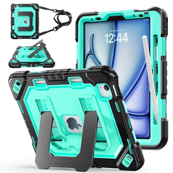 Case for iPad Air 11 inch (M4 2026/M3 2025/M2 2024), Military Grade Shockproof Cases with Pencil Holder Shoulder Strap Screen Protector, Balck Mint Green