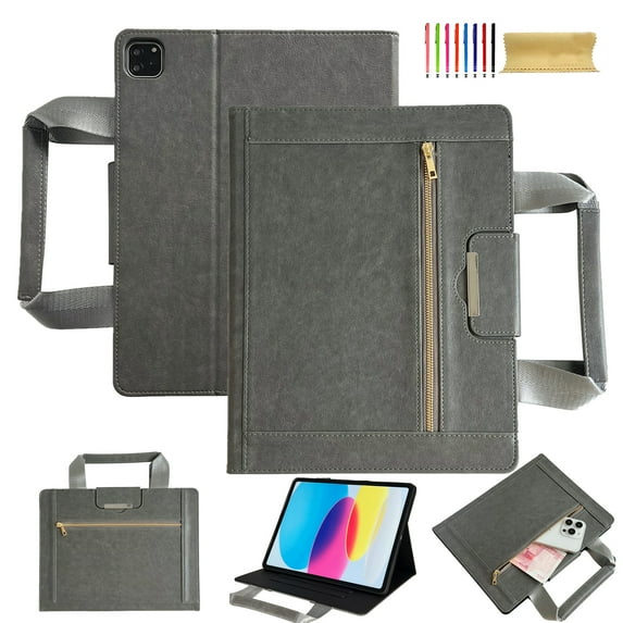 Case for iPad Air 13 2025/2024 / iPad Pro 12.9" 2022/2018/2020/2021, Classic PU Leather Nylon Hand Strap, Card Slots Kickstand Zipper Pocket Handbag Heavy Duty Protection Rugged Cover, Gray