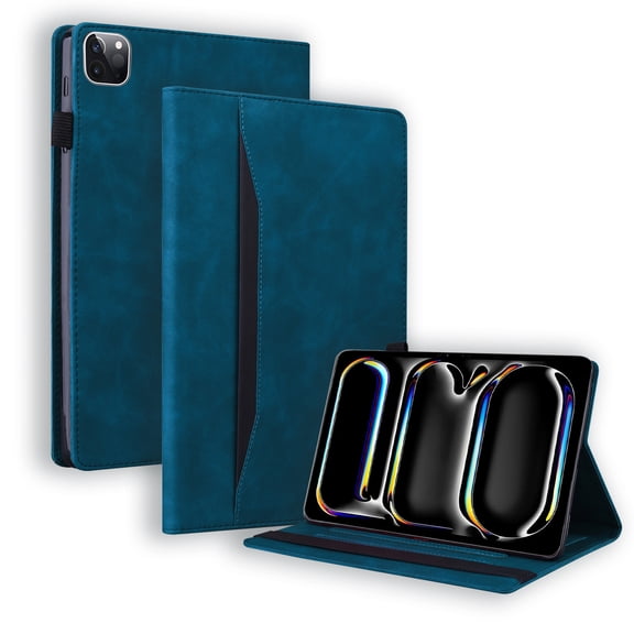 Case for iPad Air 13 Inch 2024, Premium PU Leather Business Folio Stand Cover with Outside Pocket / Inner Card Slots Shockproof Case for iPad Pro 12.9 2022 2021 2020 2018 - Blue