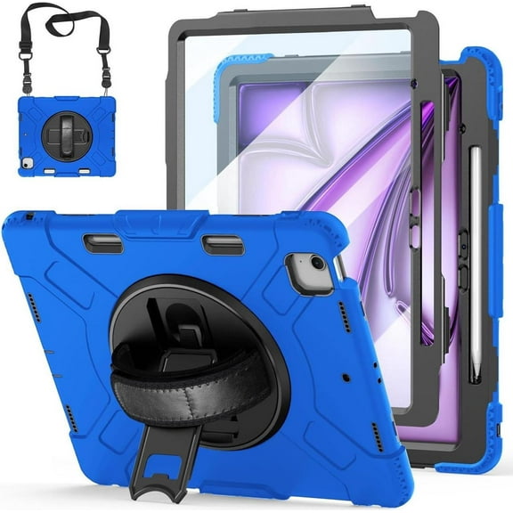 Case for iPad Air 13 Inch Case M3 2025 M2 2024, Rugged iPad Pro 12.9 6th/5th/4th/3rd Generation Case with Screen Protector/Kickstand/Handle Grip/Shoulder Strap/Pencil Holder