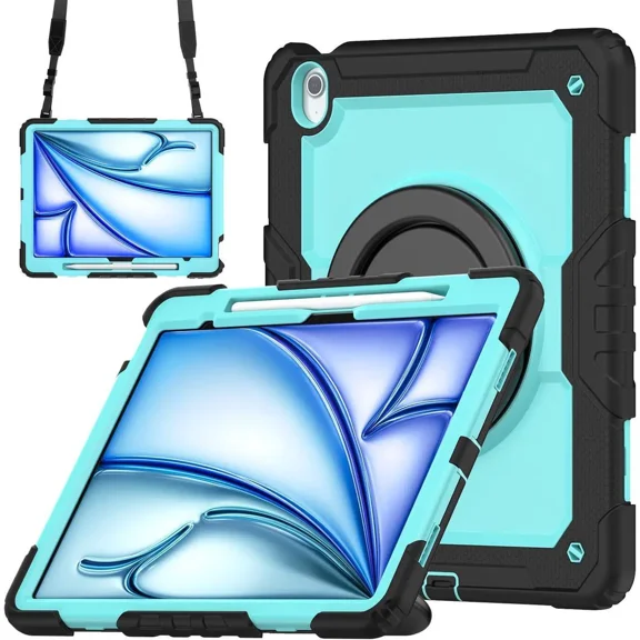 Case for iPad Air 13 inch M3 2025 / M2 2024 with Built-in Screen Protector, 360° Rotating Stand, Pencil Holder, Adjustable Shoulder Strap, Pencil Holder