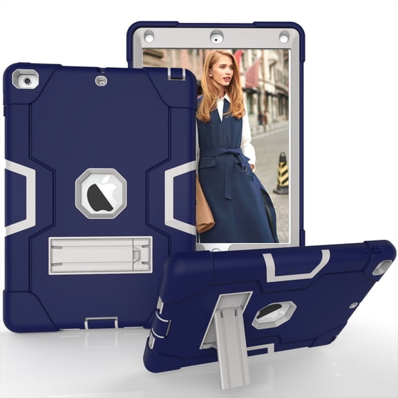 Case for iPad Air 2 /iPad Pro 9.7, Kickstand Shockproof Kids Proof Case Heavy Duty High Impact Resistant Hybrid Three Layer Rugged Defender Full Body Protection Case, Blue+Gray