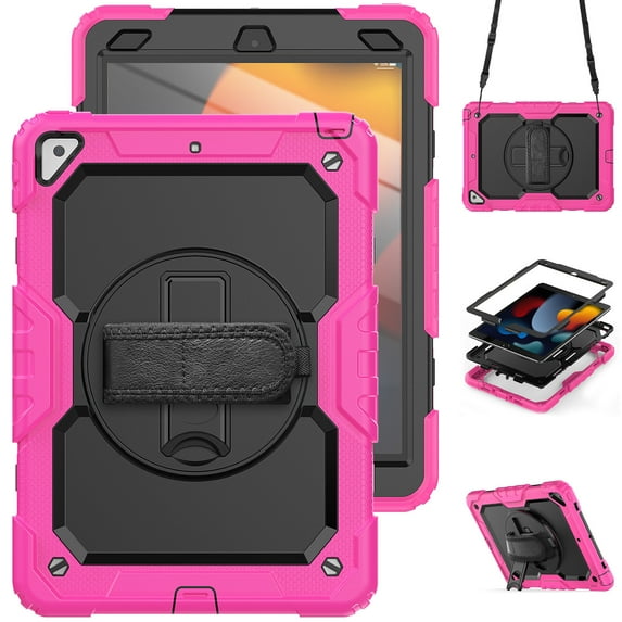 Case for iPad Air 3rd Generation 2019/iPad Pro 10.5 Inch 2017 with Screen Protector, 360 Degree Rotating Kickstand Hand Strap Heavy Duty Shockproof Cover with Shoulder Strap, Rose
