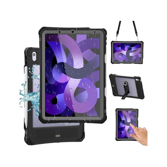 Case for iPad Air 5th Gen 2022 / Air 4th Gen 2020 Shockproof Cover, Waterproof Shockproof Snow Proof Dirt Proof Heavy Duty Rugged Protective Cover with Pencil Holder Shoulder Strap Kickstand Keyboar